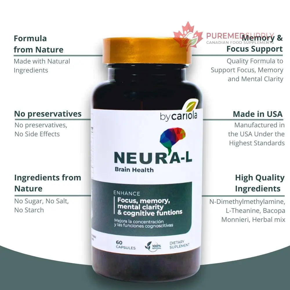 BY CARIOLA Neural-L Natural Brain Support Supplement 60 Caps - Mental Support – Memory Booster - Concentration - Natural Formula - Ashwagandha - L-Tyrosine - L-Theanine BY CARIOLA buy supplements canada