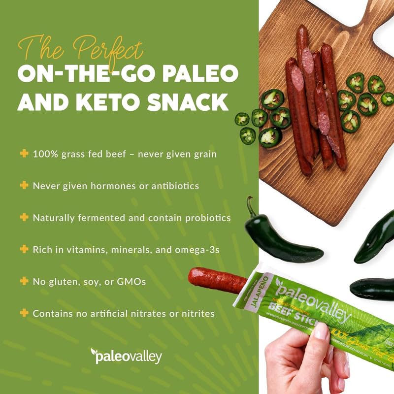 Paleovalley 100% Grass Fed Jalapeno Beef Sticks - Delicious Gluten Free Beef Snack - High Protein Keto Friendly Paleovalley buy supplements canada
