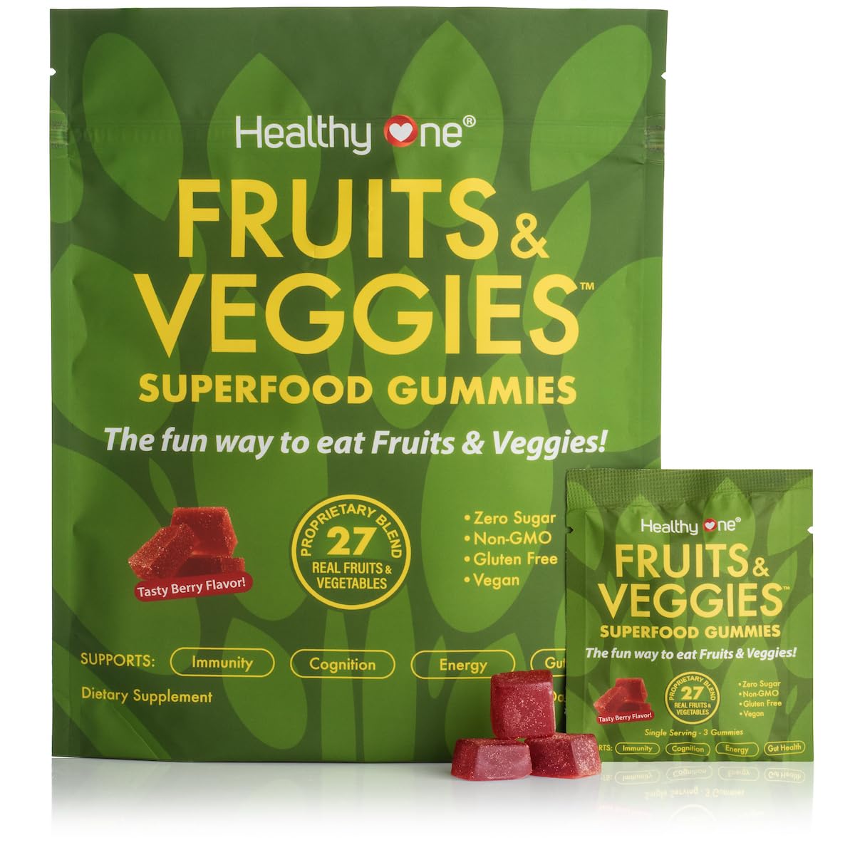 Fruits & Veggies Sugar-Free Gummies - 27 Whole Foods - Equals 3 Servings of Fruits & Vegetables - Improve Energy, Focus & Immune Function - Fiber - Antioxidants - Organic Ingredients - 14 Packets Healthy One buy supplements canada