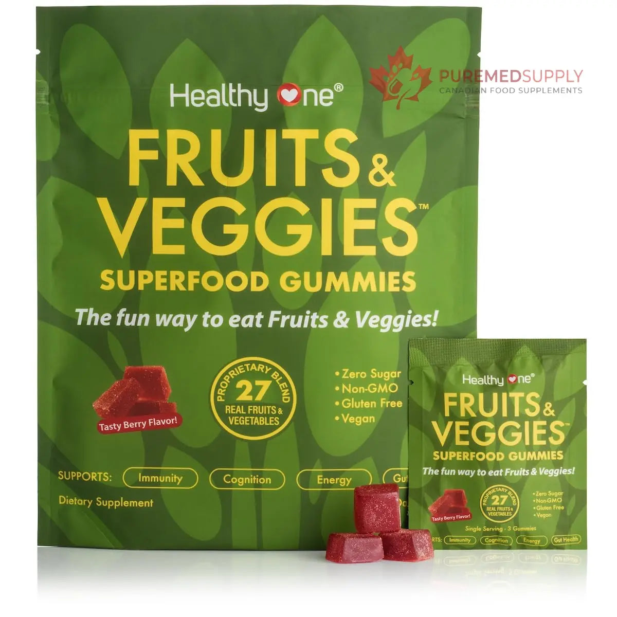 Fruits & Veggies Sugar-Free Gummies - 27 Whole Foods - Equals 3 Servings of Fruits & Vegetables - Improve Energy, Focus & Immune Function - Fiber - Antioxidants - Organic Ingredients - 14 Packets Healthy One buy supplements canada