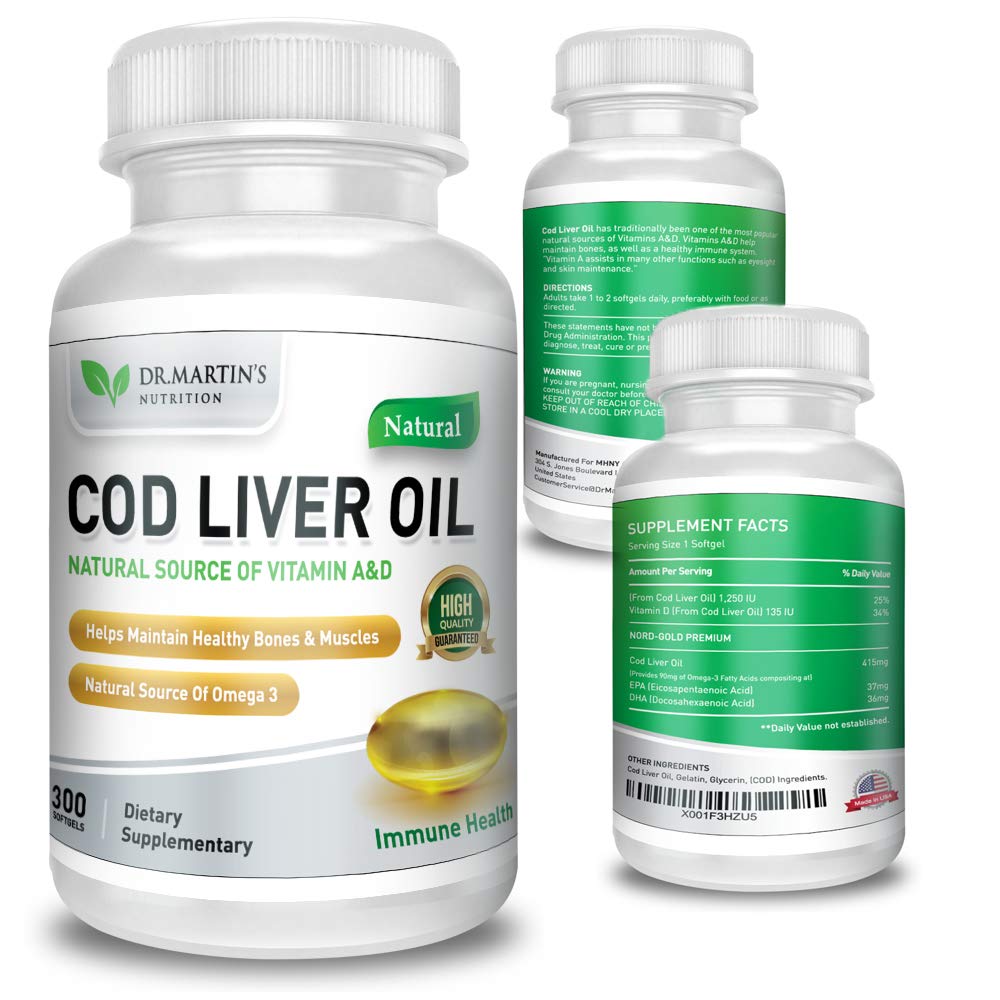 COD Liver Oil | 300 Softgels | Natural Source of Omega 3 Fatty Acids | Triple Strength | Best Immune Health, Healthy Bones & Muscle Dietary Supplement | DR. MARTIN'S NUTRITION buy supplements canada