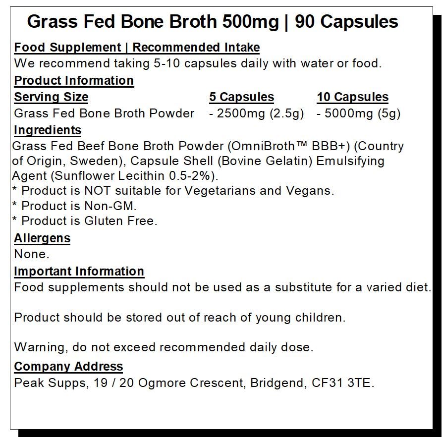 Grass fed Beef Bone Broth 500mg- 90 Capsules - Rich in Type 1 & 3 Collagen Peak Supps buy supplements canada