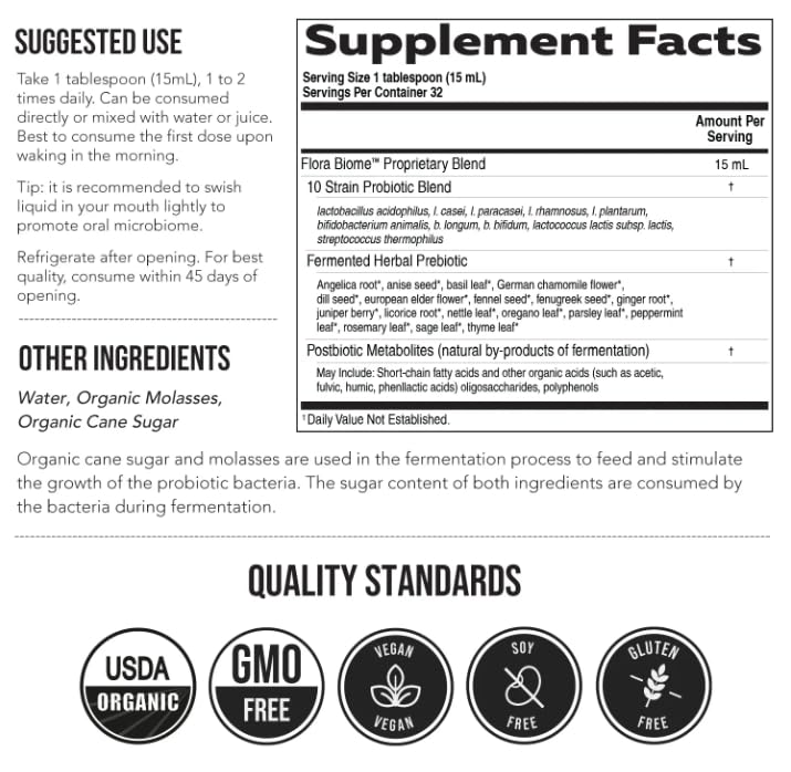 Flora Biome - Live Probiotic, Prebiotic, & Postbiotic – Organic Live-Culture – 10 Probiotic Strains, 18 Fermented Herbs - Complete Gut Health & Microbiome Optimizer (16 oz) Triquetra Health buy supplements canada