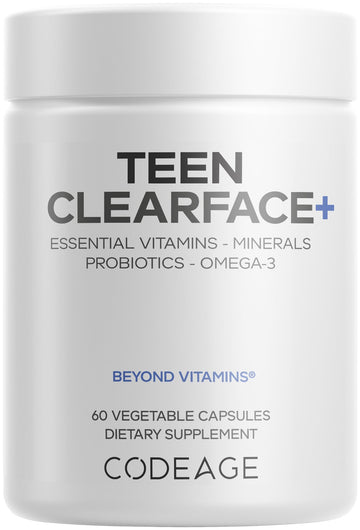Codeage Teen Clearface Adolescent Face, Skin & Pimples, Vitamins A, C, D3, E, Pantothenic Acid, Niacin, Zinc Supplement Teenagers, Probiotics, L-Lysine, Omega-3, Oily Skin, Pores, Spots - 60 Capsules Codeage buy supplements canada