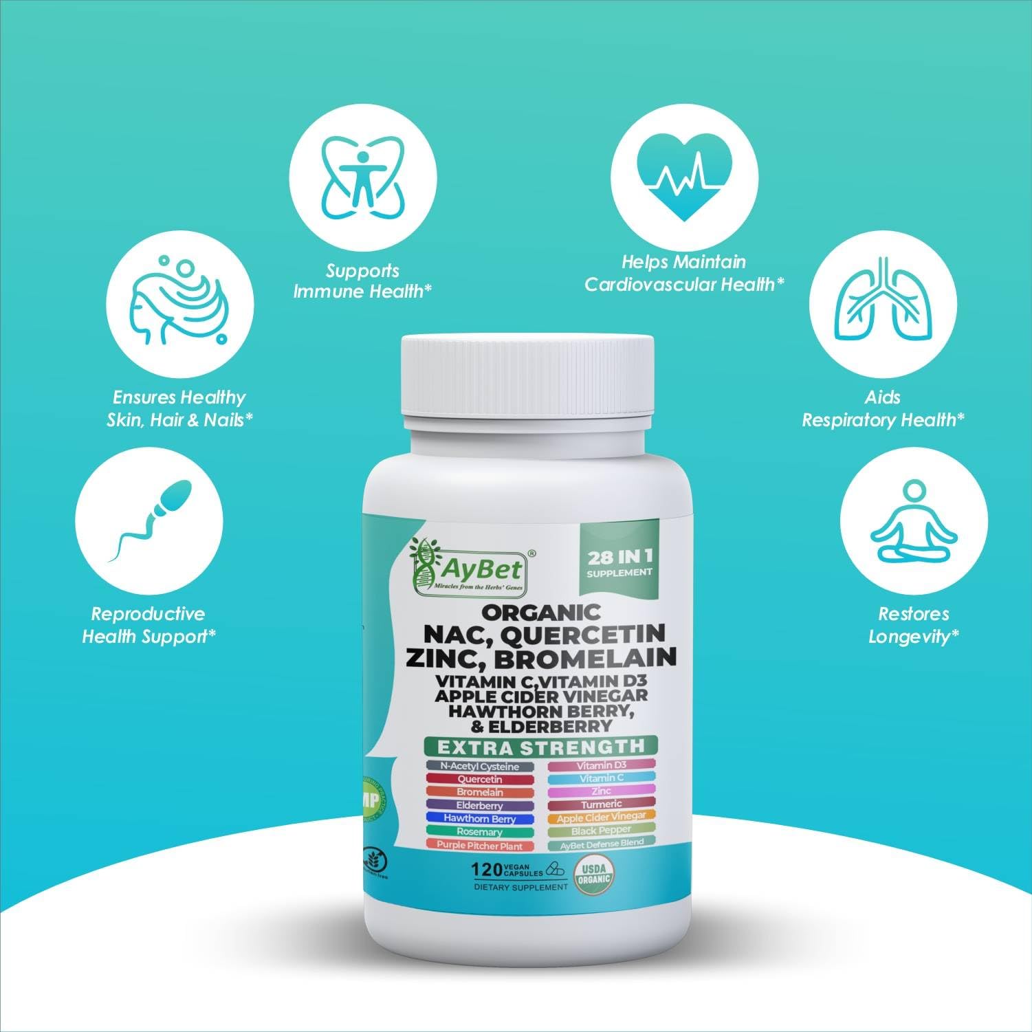 NAC-n-acetyl cysteine- Quercetin Zinc Bromelain Supplement | Extra Strength with Vit C, D3, Apple Cider Vinegar, Elderberry, Hawthorn Berry, Turmeric | Immune Support|120 Vegan Capsules | USDA Organic AyBet buy supplements canada