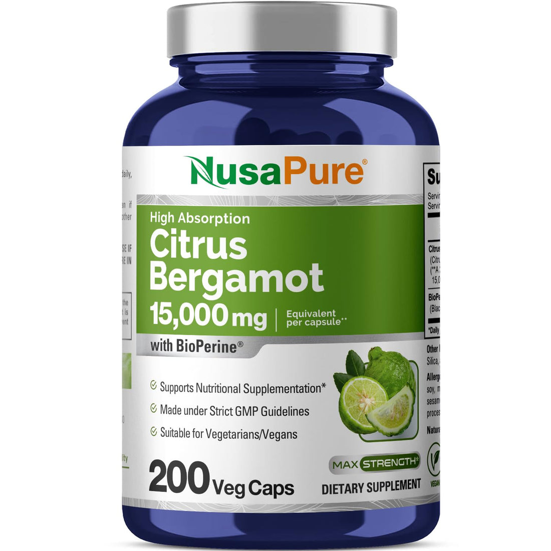 NusaPure Citrus Bergamot Capsules 15,000mg, 200 Capsules - 25:1 Bergamot Extract - 200 Servings, Bioperine, Vegan, Non-GMO NusaPure buy supplements canada