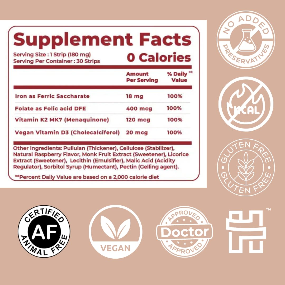 MedHugs NutriHugs Blood and Bone Support - Iron, Folate, Vitamin D3 and K2 - Fast-Dissolving Oral Thin Film Strips - Non-Constipating Iron - Vegan, Sugar-Free, Non-GMO - 30 Strips MedHugs buy supplements canada