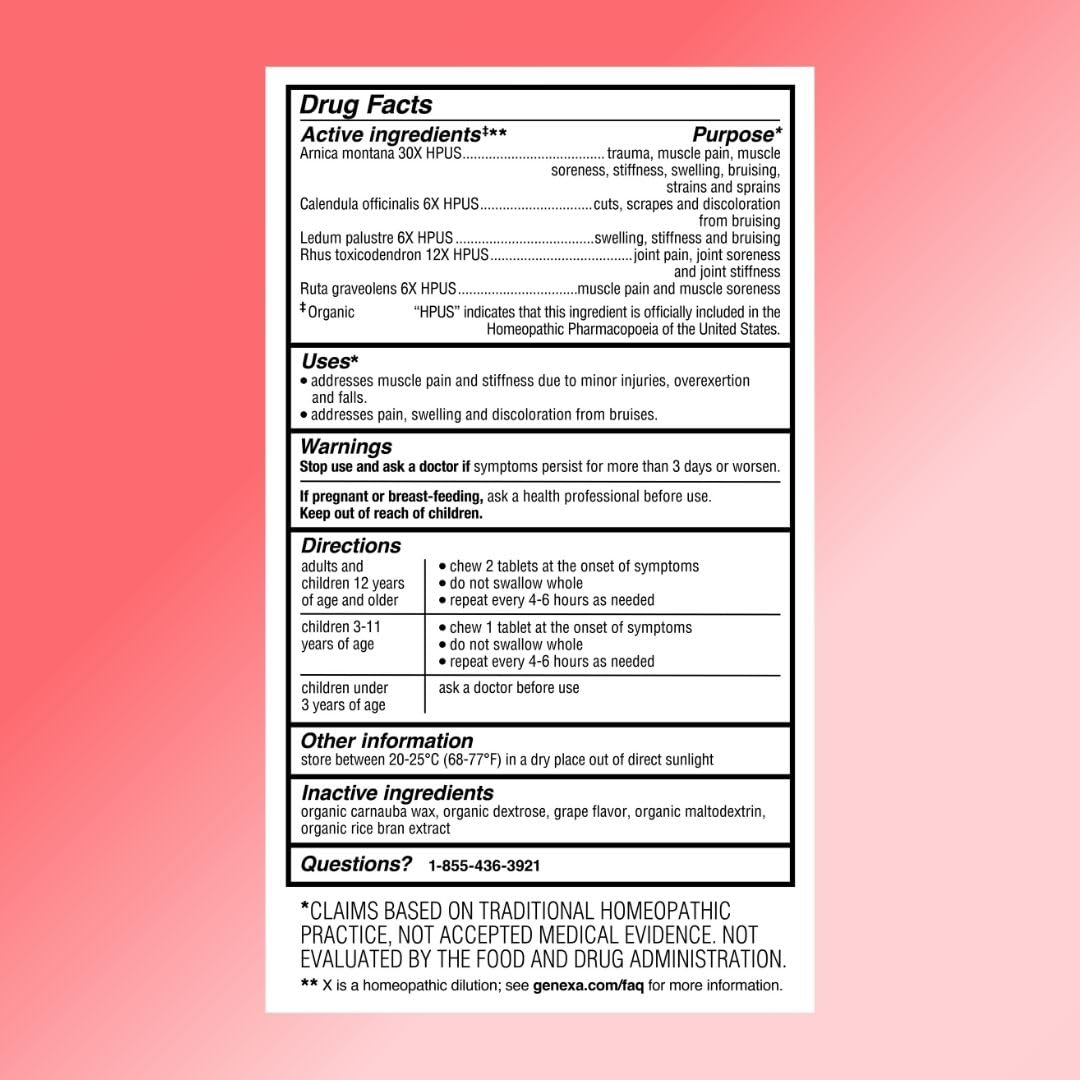 Genexa Arnica Tablets for Pain Relief Formula | Alleviate Muscle & Joint Pain, Soreness, & Stiffness | Delicious Organic Grape Flavor | Homeopathic Remedy Made Clean | 300 Chewable Tablets (3 Pack) Genexa buy supplements canada