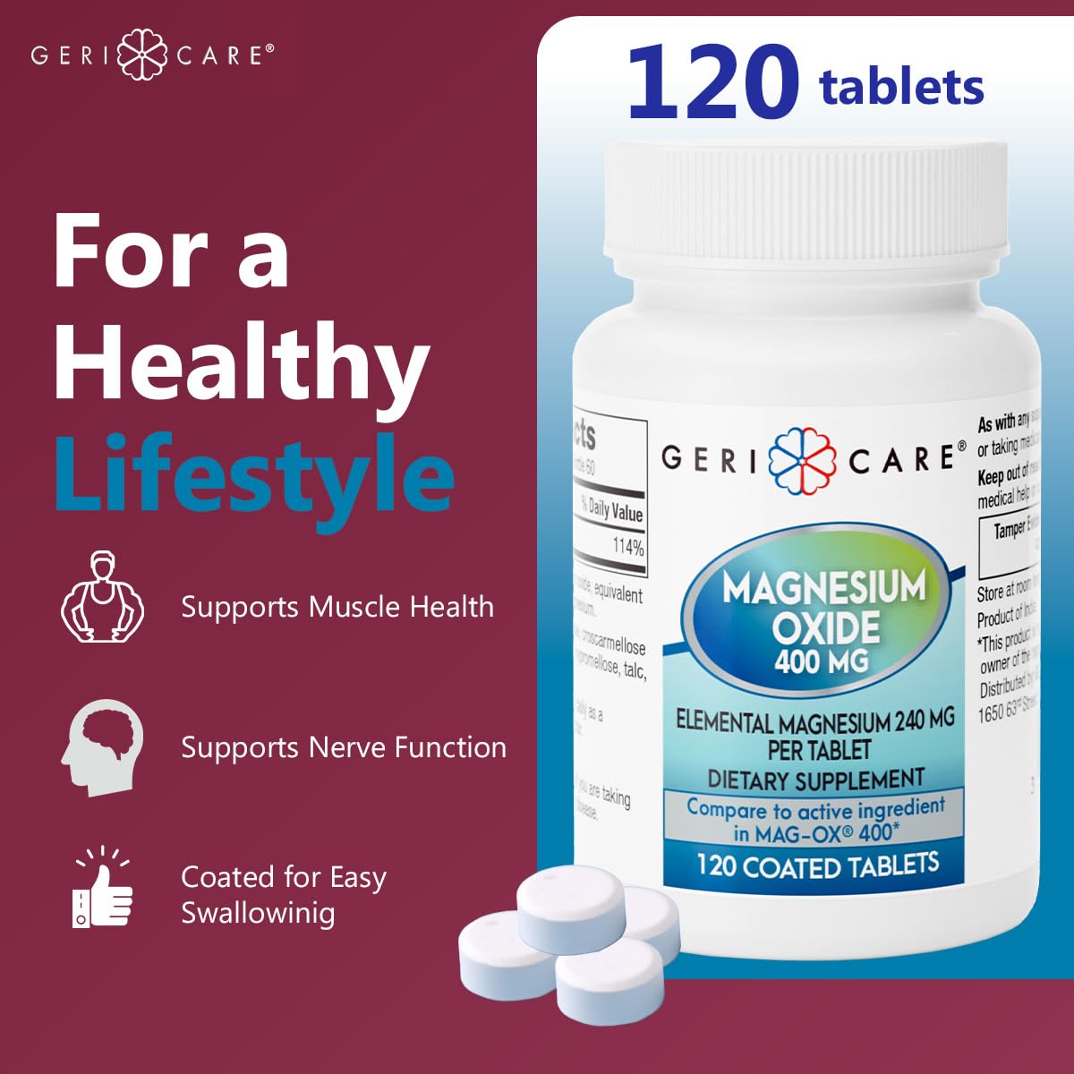 GeriCare Magnesium Oxide Supplement 240 mg of Elemental Magnesium, 120 Tablets, Essential Mineral Support, Promotes Vascular Health, Bone Strength, and Muscle Function (Pack of 1) GeriCare buy supplements canada