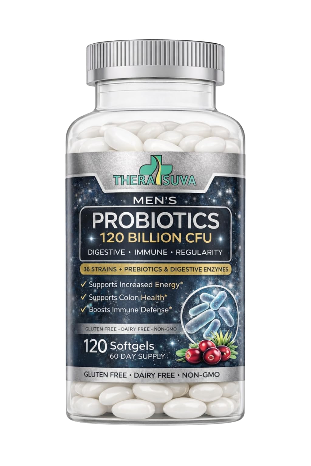Men’s Advanced Probiotics 120 Billion CFU - 36 Strains + Prebiotics, Enzymes & Veggie Blend for Gut, Immune & Colon Health - 2 Month Supply, 120 Softgels TheraSuva buy supplements canada