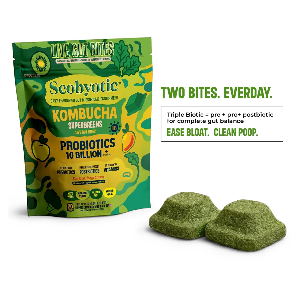 Scobyotic® Kombucha Supergreens Live Gut Bites – 10 Billion CFU Probiotics + Prebiotics & Postbiotics – Kombucha & Supergreens – Freeze-Dried Probiotic Supplement Scobyotic buy supplements canada