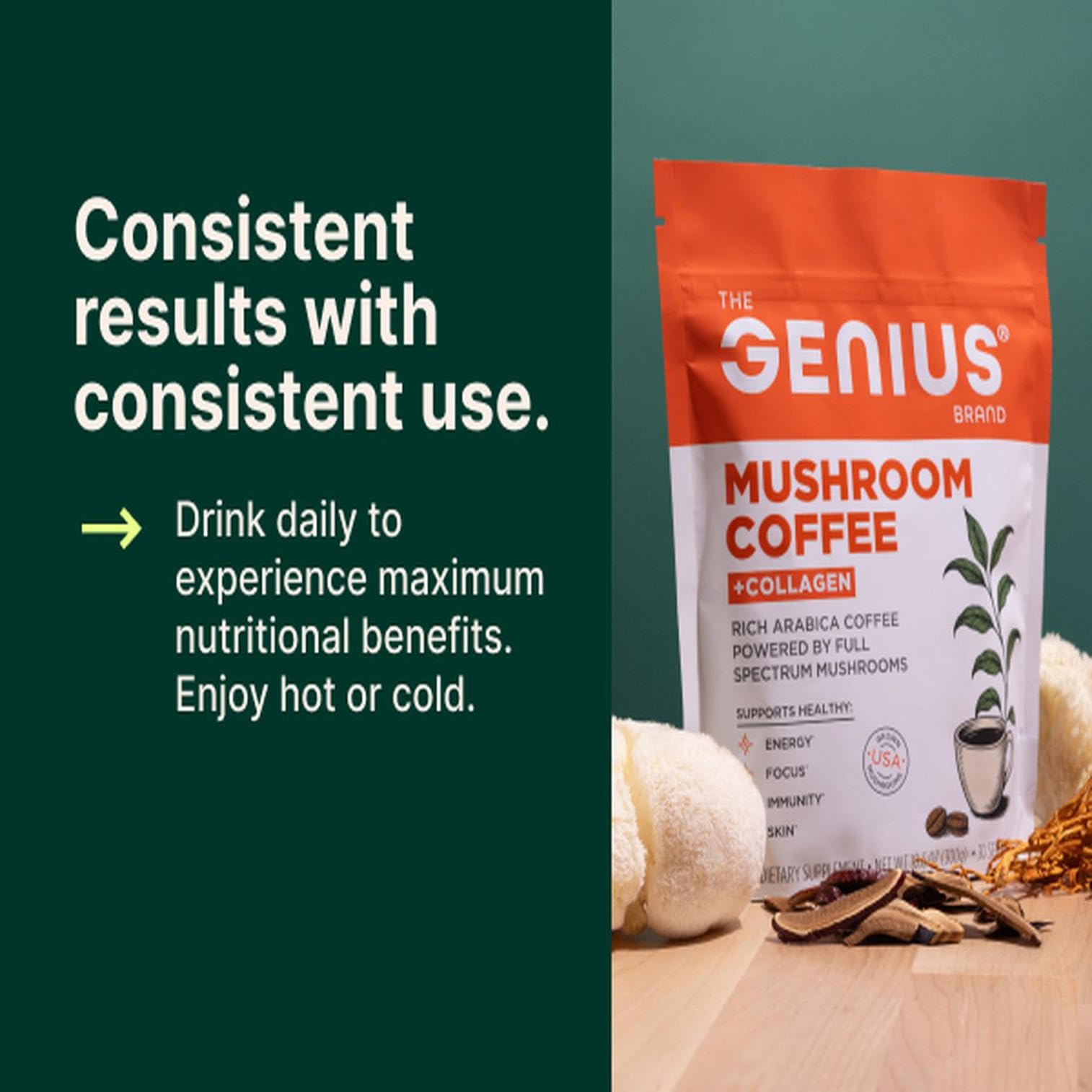The Genius Brand Organic Mushroom Coffee + Collagen - Daily Energy Support - Healthy Immune Function - Arabica Coffee with Cordyceps, Reishi & Lion's Mane Mushroom Blend - 10.6 oz (30 Servings) The Genius Brand buy supplements canada