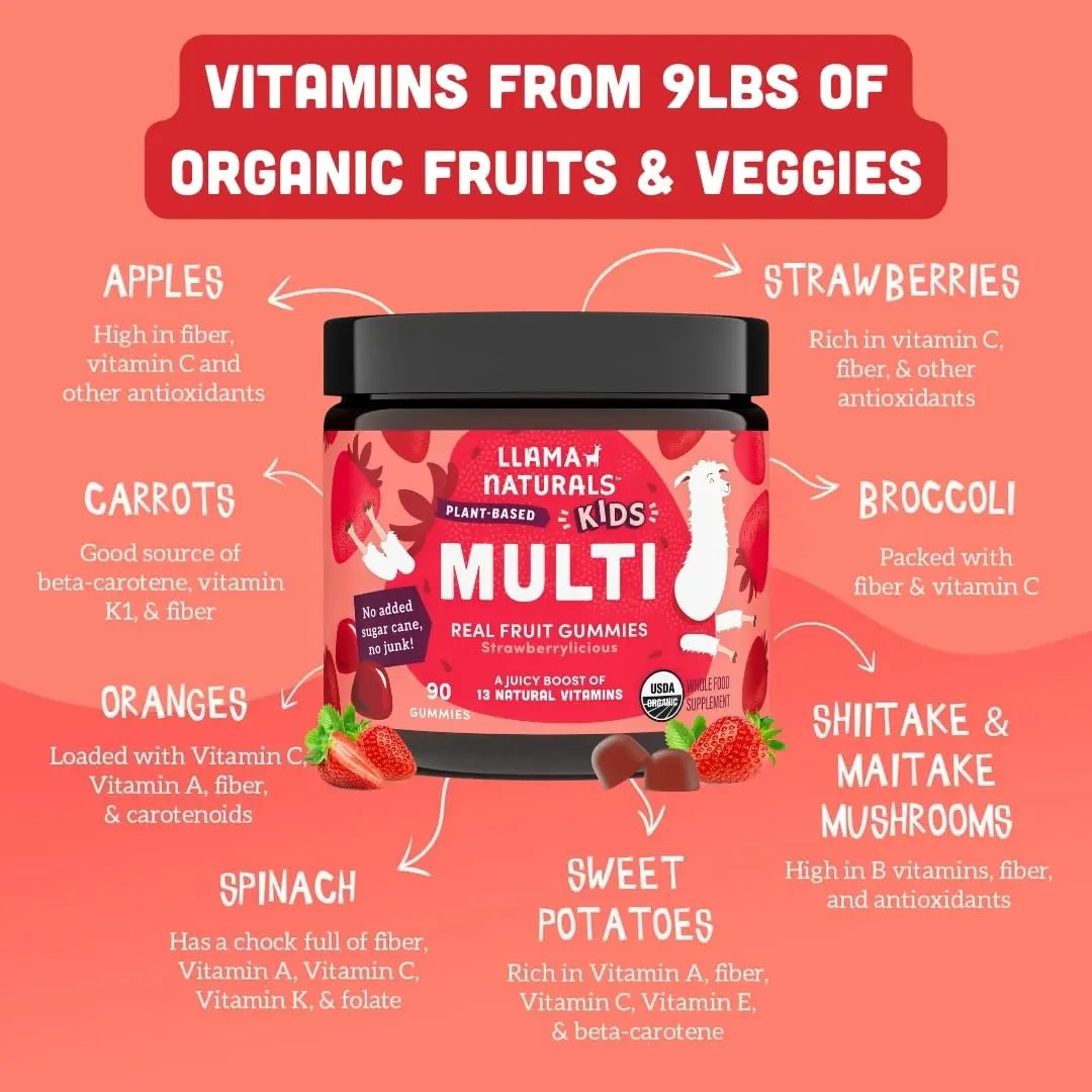 Llama Naturals Kids Multivitamin Gummies | Real Fruit, No Added Sugar Cane | Organic Vegan Toddler Whole Food Vitamins | Llama Naturals buy supplements canada