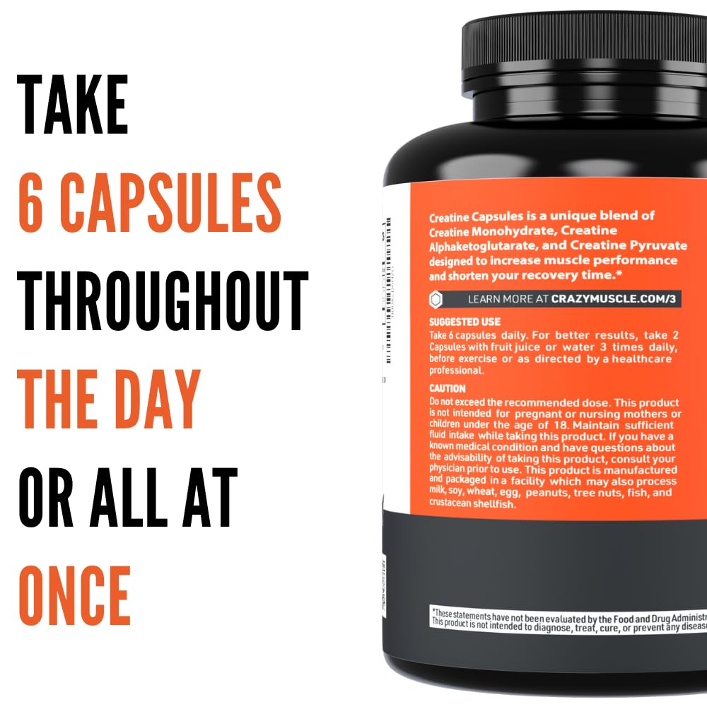 Creatine Capsules, 5g Premium 3X ThreeAtine Pre Workout Bulk Muscle Mass Gainer, High Absorption Easy to Take Creatine Monohydrate Pills Alternative Optimum Performance for Men Women, 180 Capsules Crazy Muscle buy supplements canada