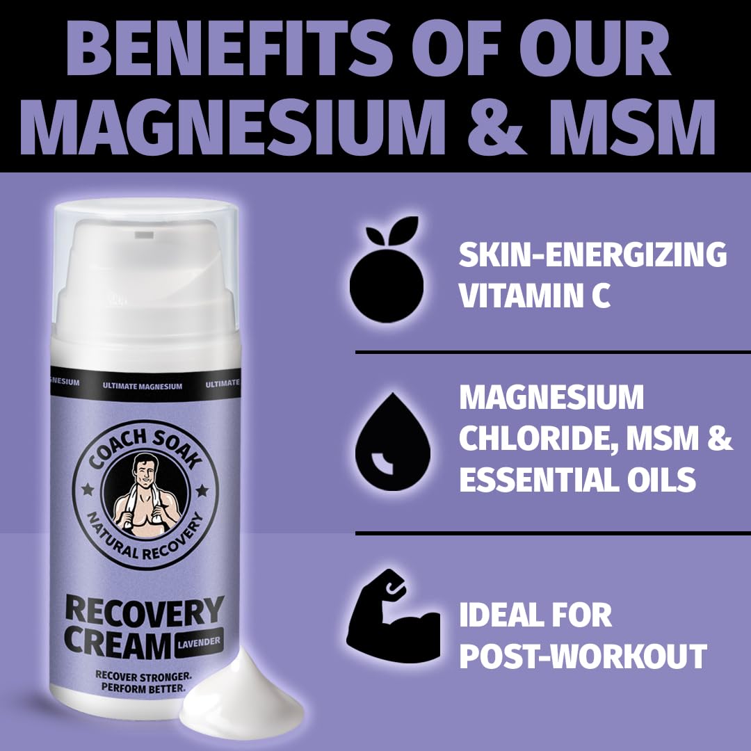 Coach Soak Magnesium Cream with MSM in Pump Bottle - Natural Recovery Cream with Magnesium Chloride & Menthol - Fast-Absorbing for Muscles & Joints, Lavender 3.4oz Coach Soak buy supplements canada