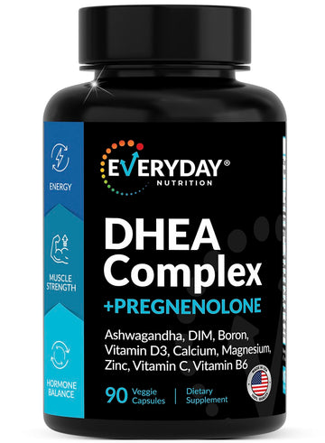 DHEA Micronized 200mg Complex with Pregnenolone 100mg Supplement for Men & Women with Ashwagandha, DIM, Magnesium, Boron, Calcium , Zinc, Vitamin D3, C and B6 Hormone Support - Made in USA 90 Capsules EVERYDAY NUTRITION buy supplements canada