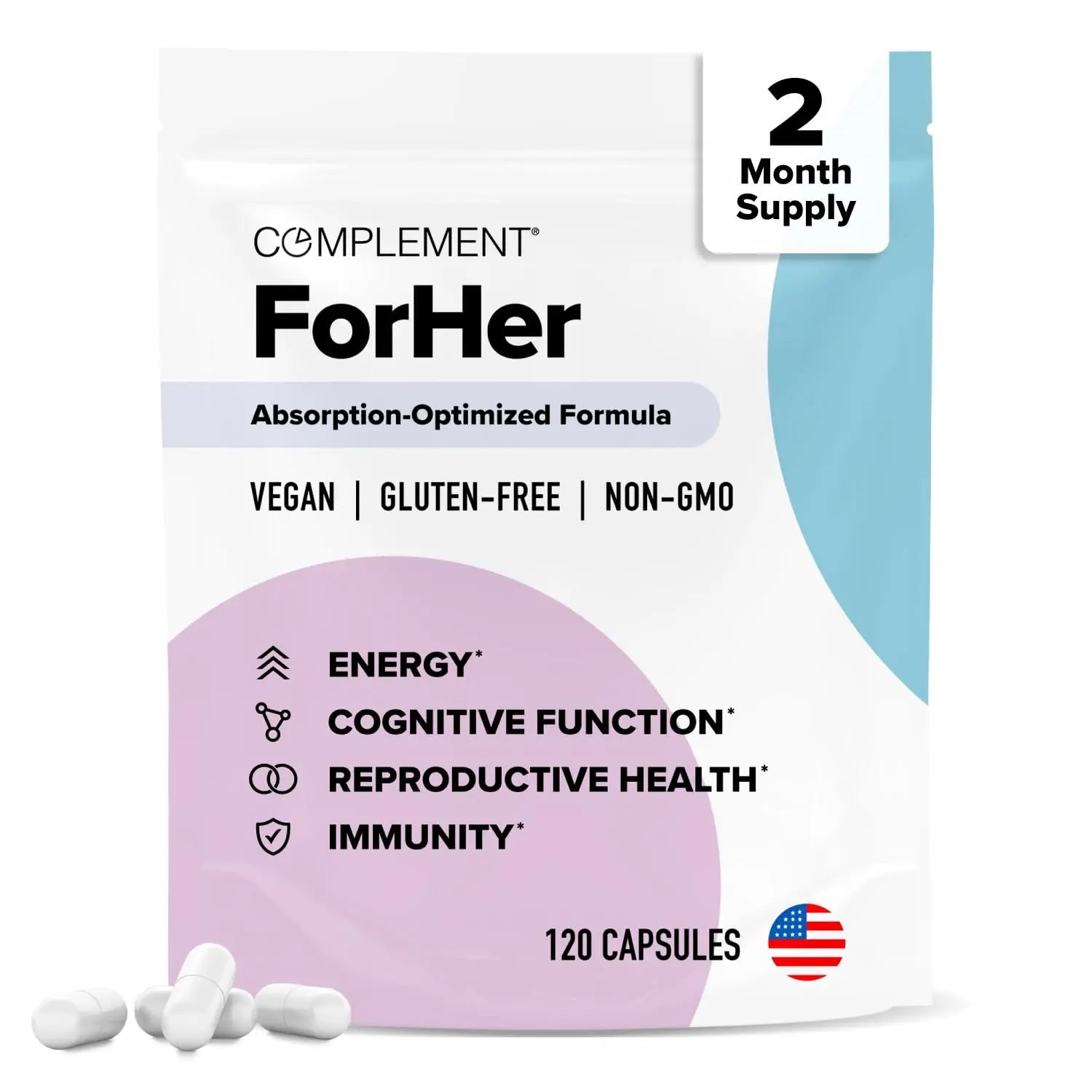 Complement ForHer Multivitamin - Hormone Balance for Women (60 Servings) Inositol Supplement, Longevity Support- B9, Iron - 120 Capsules Complement buy supplements canada