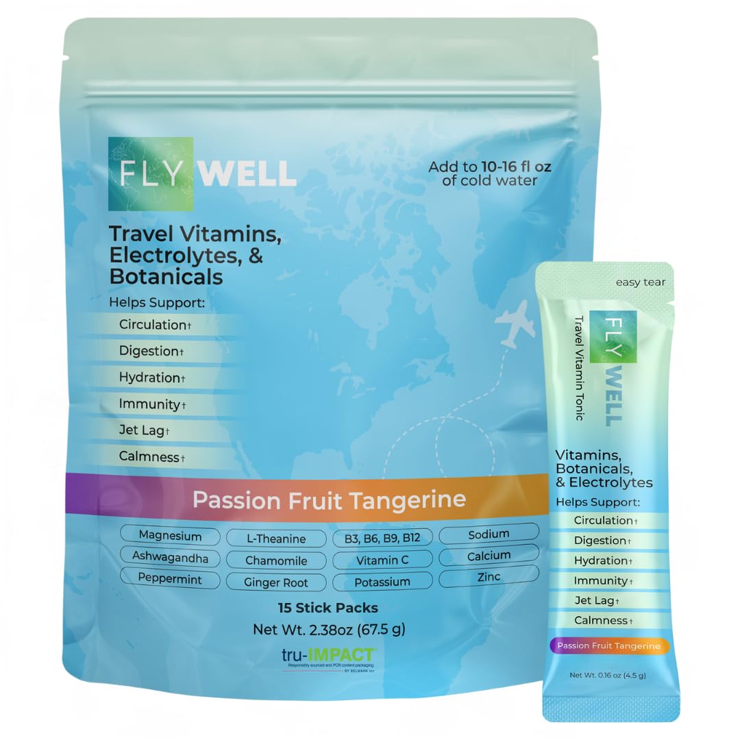 FlyWell Travel Vitamin Tonic for Flight, Jet Lag, Hydration, Circulation, Digestion & Immune Support, Promotes Calmness, Electrolyte Powder, Travel Essentials, FlyWell buy supplements canada