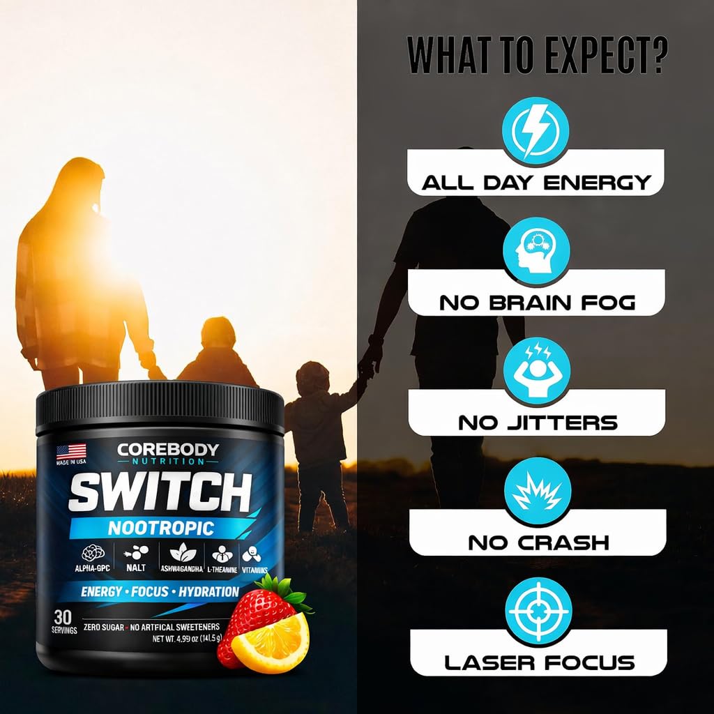 Switch, Brain Boosting Nootropic Energy Supplement Powder - Made in USA - Alpha GPC, NALT, Ashwagandha, Sugar Free Energy, Keto, Increase Mental Focus & Cognitive Function, Enhances Mood & Memory CoreBody Nutrition buy supplements canada