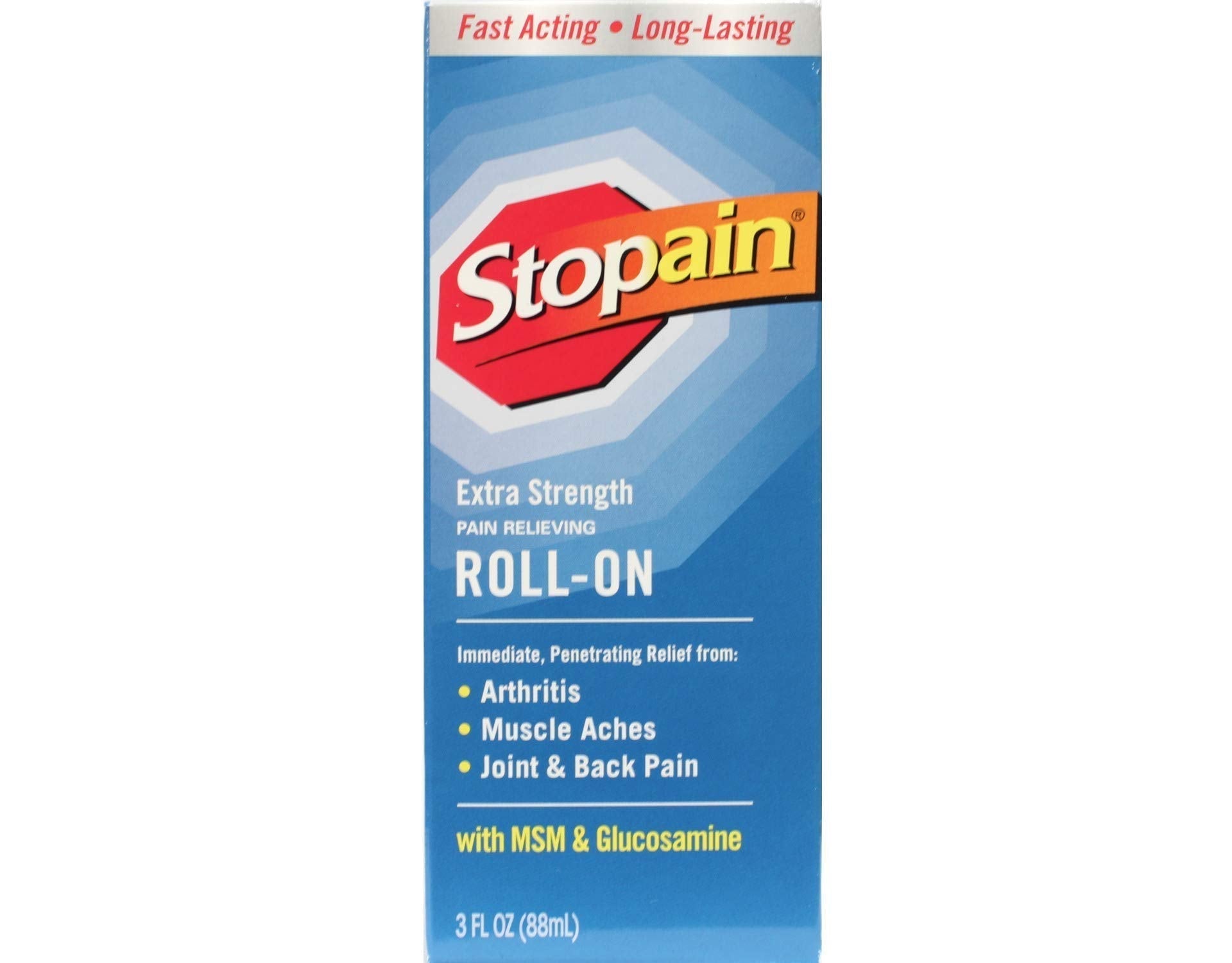 Stopain Pain Relief Roll On Gel 3oz (4 Pack) USA Made, Max Strength Fast Acting with MSM, Glucosamine, Menthol for Lower Back, Knee, Neck, HSA FSA Approved Topical Analgesic Products Stopain buy supplements canada