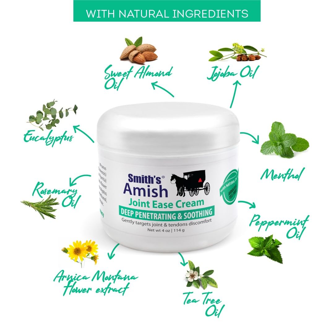 Smith’s Amish Joint Ease Cream 4 oz jar. Soothing and Cooling, with Botanicals of Arnica, Peppermint, Tea Tree, Rosemary and Eucalyptus Smith Amish buy supplements canada