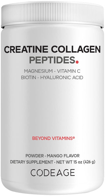 Codeage Creatine Collagen Peptides - Creatine Monohydrate Powder Supplement, Wild-Caught Marine Collagen, Biotin, Magnesium, Vitamin C, Hyaluronic Acid - Mango Flavored - Non-GMO - 15 Oz Codeage buy supplements canada