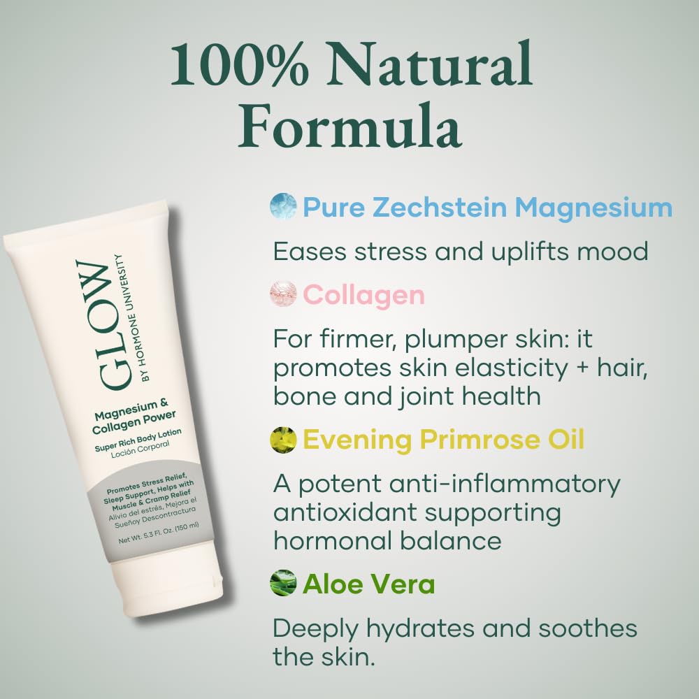 Glow by Hormone University - Magnesium Lotion with Collagen - Magnesium Cream - Bedtime Routine Sleep Lotion - The Highest Concentration of Genuine Zechstein Magnesium Chloride (Pack of 1) Glow Botanica buy supplements canada