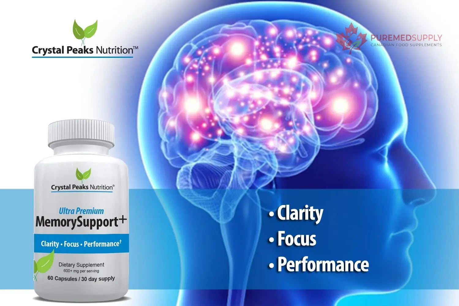 Memory Boost + Brain Support Supplement – Nootropic for Focus, Concentration, Memory. Enhanced Energy, Recall and Alertness - 60 Capsules/30-day Supply. CRYSTAL PEAKS NUTRITION buy supplements canada