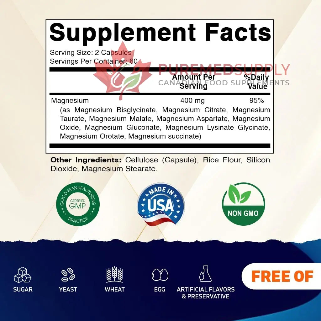 Vitamatic Magnesium Complex, 400mg Elemental MG (as Bisglycinate, Citrate, Taurate, Malate, Aspartate, Oxide, Gluconate, Lysinate Glycinate, Orotate, Succinate) - 120 Capsules per Pack - 2 Pack Vitamatic buy supplements canada