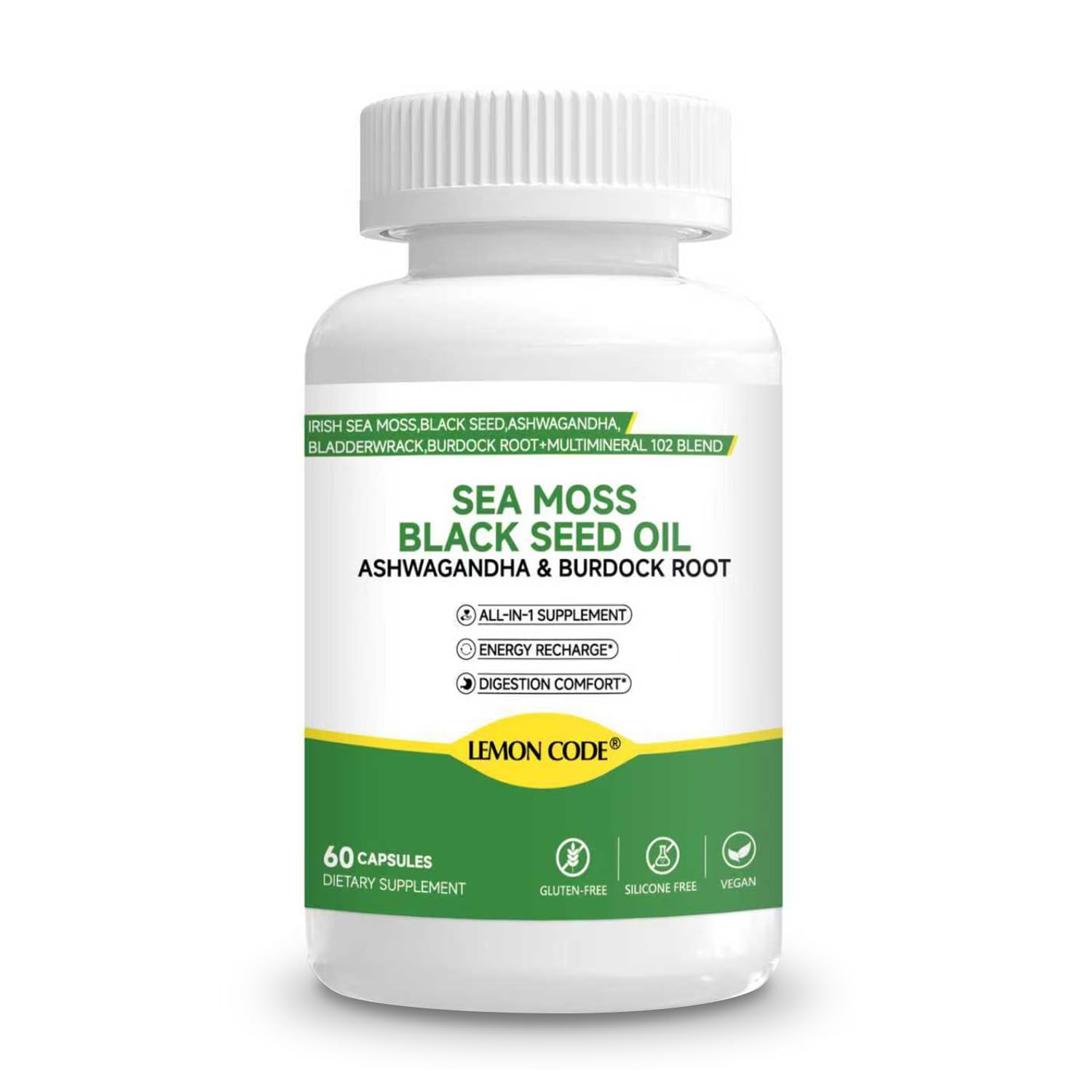 LEMON CODE Sea Moss & Black Seed Oil Capsules with Burdock & Bladderwrack & Ashwagandha, Vitamin C&D,Natural Herbal Complex for Daily Balance, Energy & Digestive Support, Vegan, Non-GMO, 60 Capsules LEMON CODE buy supplements canada