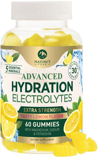 Hydration Electrolyte Gummies - Daily Liquid Replenisher Gummy - Electrolyte Multiplier with Minerals, Potassium & Real Salt - Vegan, Non-GMO - Tasty Lemon Flavor Hydration Electrolytes - 60 Gummies Nature's Peak buy supplements canada