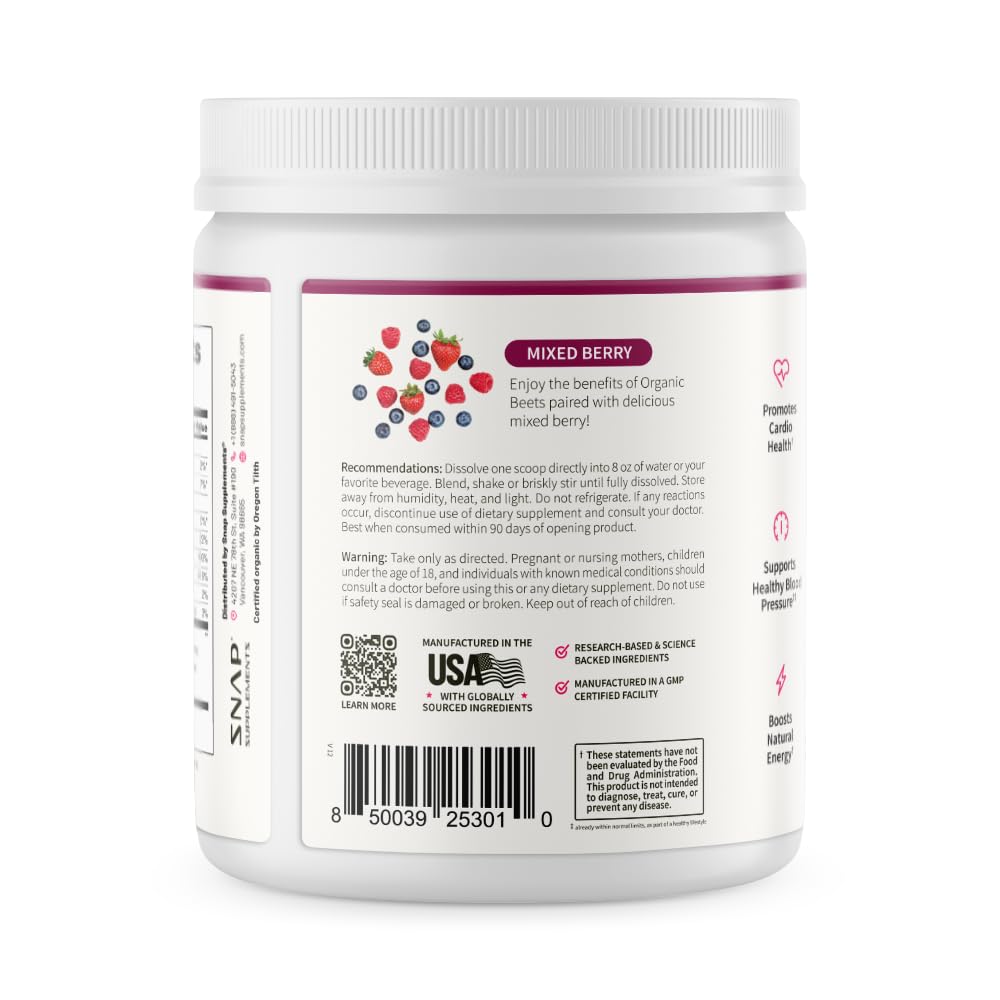 Snap Supplements Organic Beet Root Powder Nitric Oxide Supplement for Men & Women, Red Spinach & Pomegranate, Supports Healthy Energy & Blood Pressure Already in Normal Range, 30 Servings, Mixed Berry Snap Supplements buy supplements canada