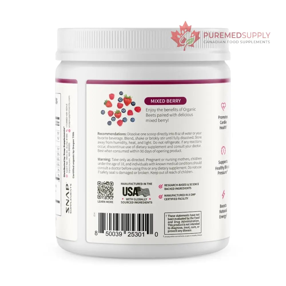 Snap Supplements Organic Beet Root Powder Nitric Oxide Supplement for Men & Women, Red Spinach & Pomegranate, Supports Healthy Energy & Blood Pressure Already in Normal Range, 30 Servings, Mixed Berry Snap Supplements buy supplements canada