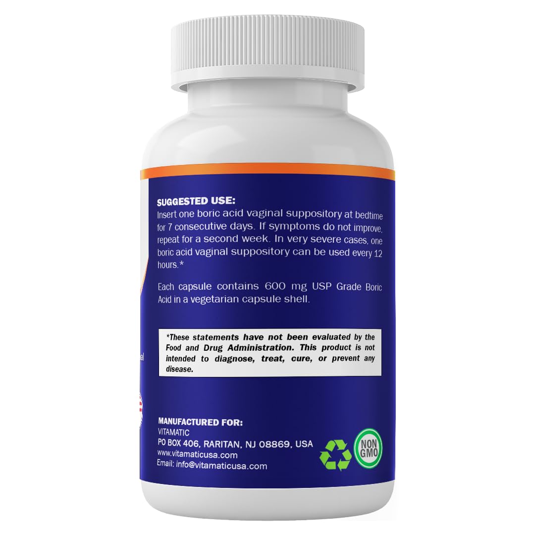 Vitamatic Boric Acid Vaginal Capsule Shell Suppositories 600 mg USP Grade Boric Acid in Vegetarian Capsule Shell - 60 Count Vitamatic buy supplements canada
