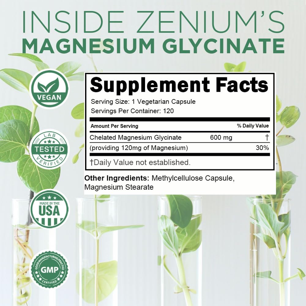 Zenium - Magnesium Glycinate for Sleep, Chelated, 600mg per Serving, 120 Capsules | High Absorption | Relieve Tension, Worry, Nervousness | Calm The Mind & Body | Ayurvedic | Natural Relief Supplement Zenium buy supplements canada