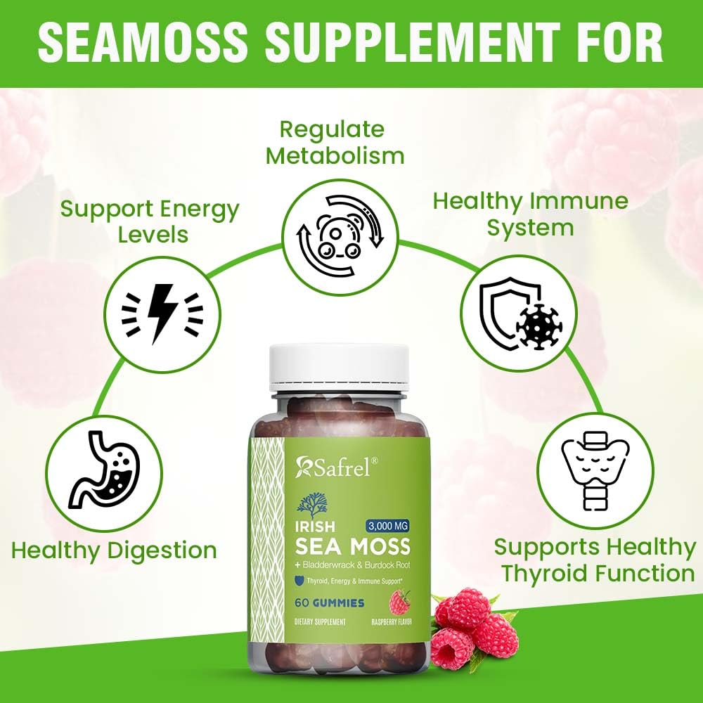 Safrel Irish Sea Moss Gummies 3000mg with Bladderwrack and Burdock Root, Thyroid Energy and Immune Support, Vegan Raspberry Flavor, 60 Gummies Safrel buy supplements canada