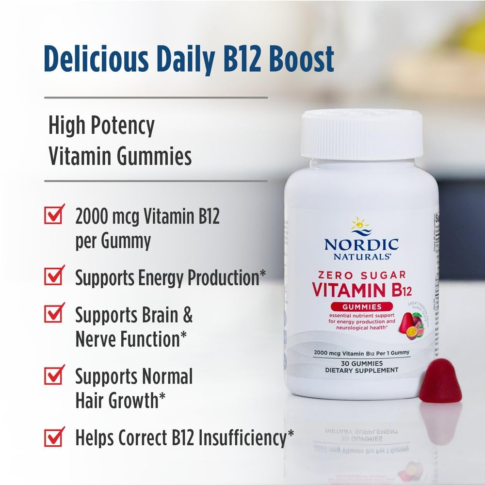 Nordic Naturals Zero Sugar Vitamin B12 Gummies - 2000 mcg Vitamin B12 per Gummy, Passion Fruit Guava Flavor - 30 Gummies, Essential Nutrient Support for Energy Production and Brain Health, 30 Servings Nordic Naturals buy supplements canada