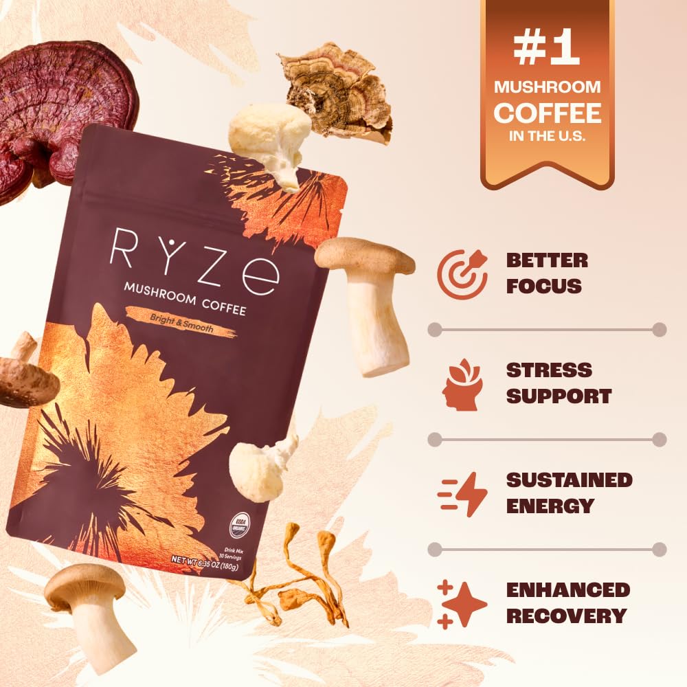 RYZE SUPERFOODS Mushroom Medium Roast Coffee USDA Organic with 6 Adaptogenic Mushrooms, USA Grown Instant Coffee for Better Energy RYZE SUPERFOODS buy supplements canada