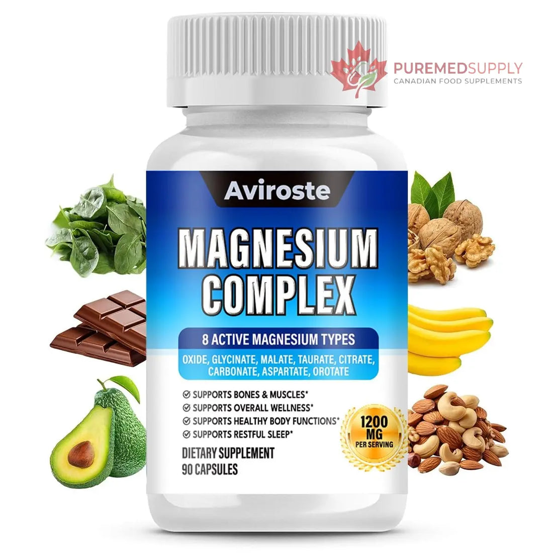 8 in 1 Magnesium Complex Supplement - 8 Elemental 1000mg - Magnesium Glycinate, Citrate, Malate, Taurate - High Absorption,for Muscle, Nerve & Sleep Support - 90 Capsules Aviroste buy supplements canada