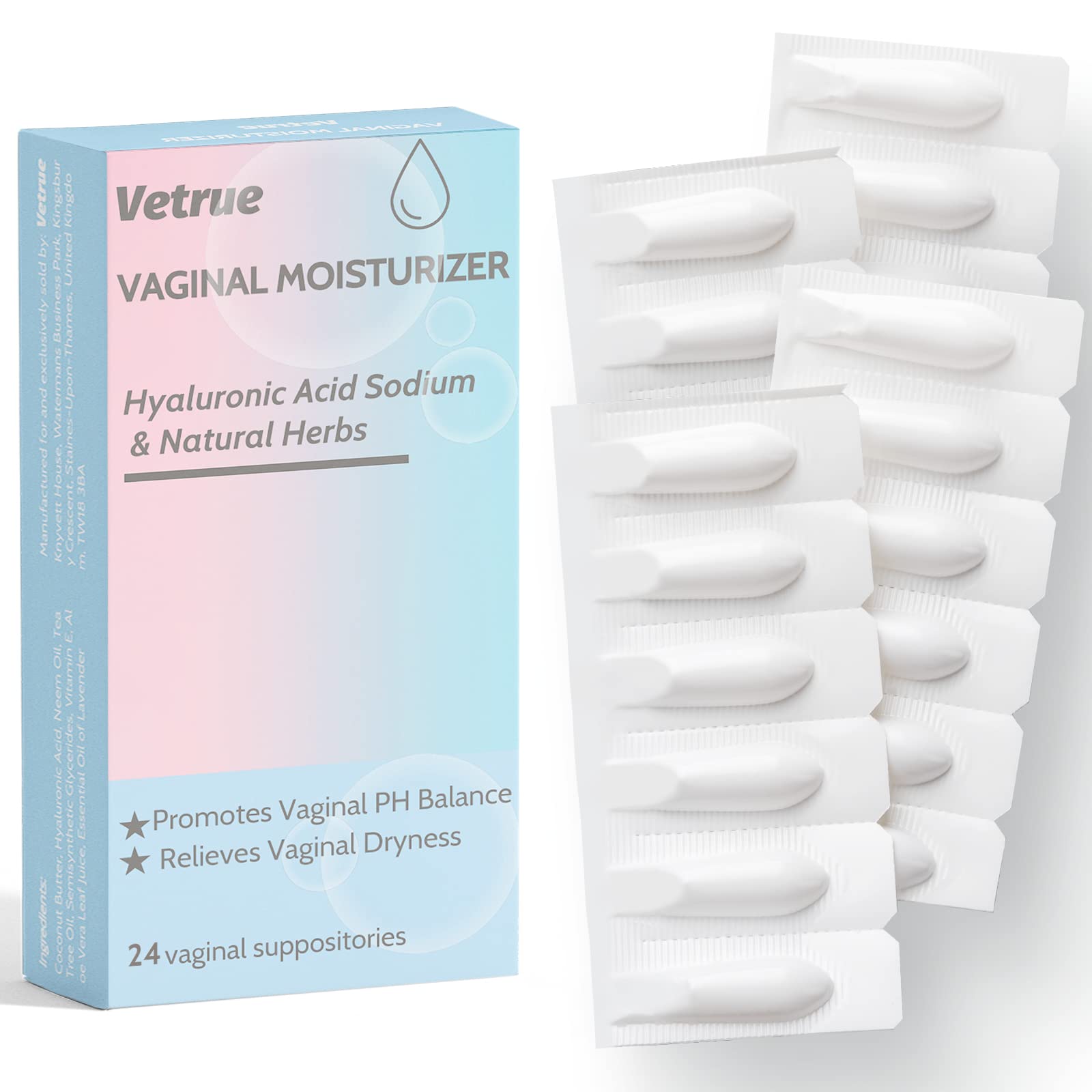 Intimate Moisturizer, Vaginal Suppository for Dryness & Discomfort, Feminine Long Lasting Hydration Support with Hyaluronic Acid and Natural Herbs - PH Balance, Estrogen and Drug Free (24 Inserts) vetrue buy supplements canada