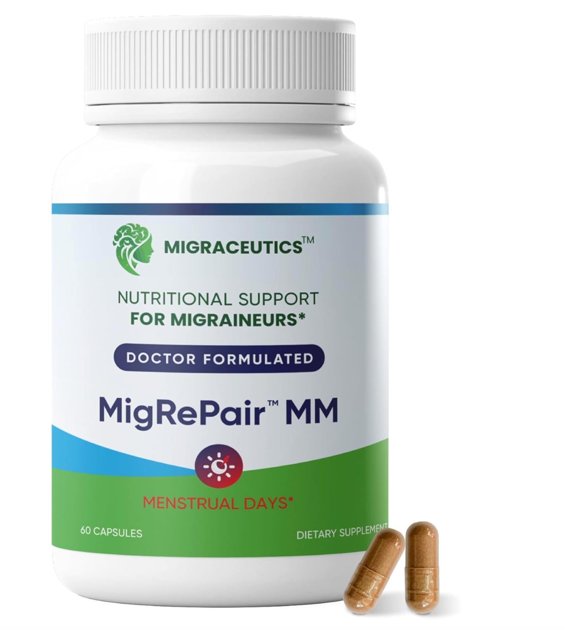 MigRePair MM Bottle of 60 - Doctor Formulated Natural Herbal Migraine Supplement for Women, Menstrual Migraine Relief, Hormonal Migraine Support with Feverfew, White Willow Bark Pine Bark & Grape Seed Migraceutics buy supplements canada