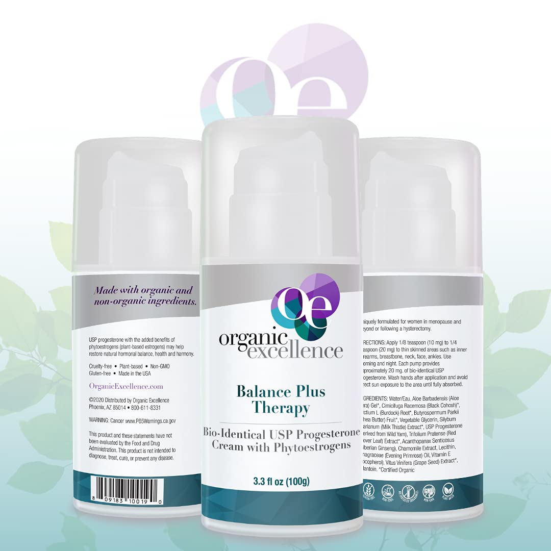 Organic Excellence Balance Plus Therapy - USP Bioidentical Organic Progesterone Cream for Women - with Phytoestrogens - for Menopause Relief and Natural Hormone Balance, 3.3 fl oz (100g) Organic Excellence buy supplements canada