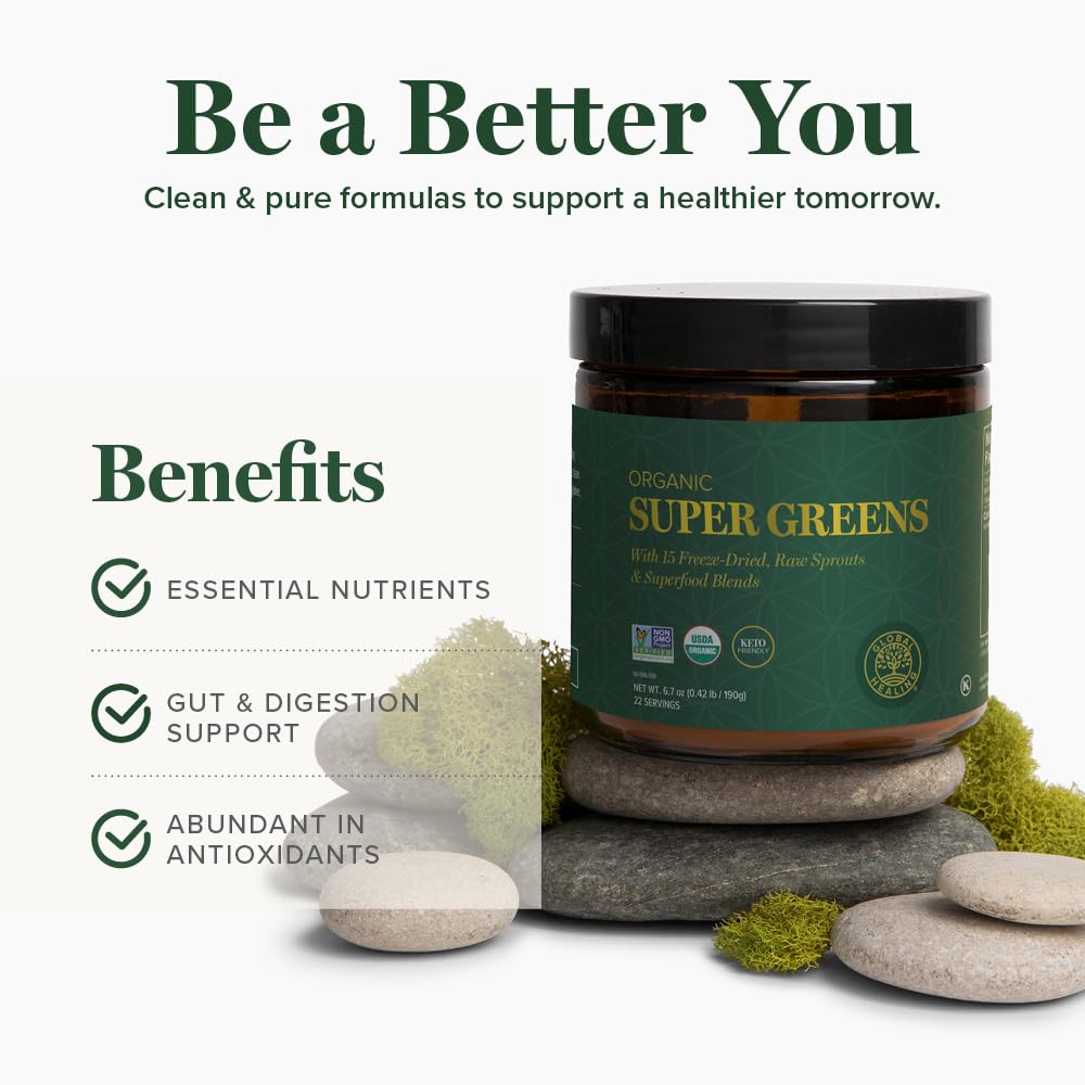 Global Healing Organic Super Greens Powder Blend - Greens Superfood Powder with 15 Raw Whole Sprouts - Delicious Green Juice Smoothie Mix for Daily Nutrition - Non-GMO, Gluten-Free Greens Supplements Global Healing Center buy supplements canada