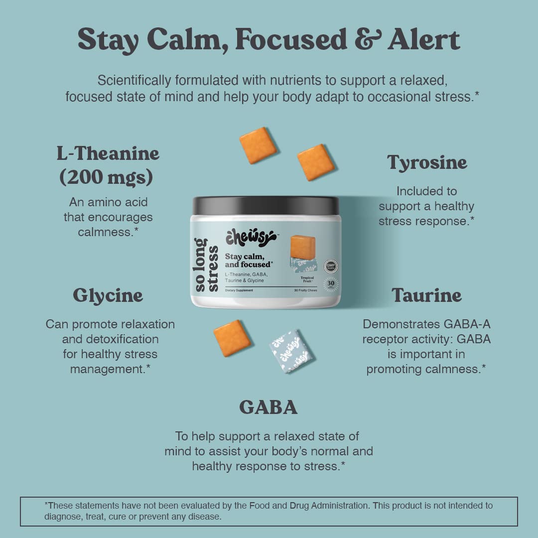 Chewsy So Long Stress, Calm Fruity Chews, Stay Calm & Focused. w/L-theanine, Amino Acid, GABA, Glycine, Tyrosine, Taurine & Magnesium. Non-GMO and Gluten-Free. Tropical Fruity Chews, 30-Day Supply CHEWSY buy supplements canada