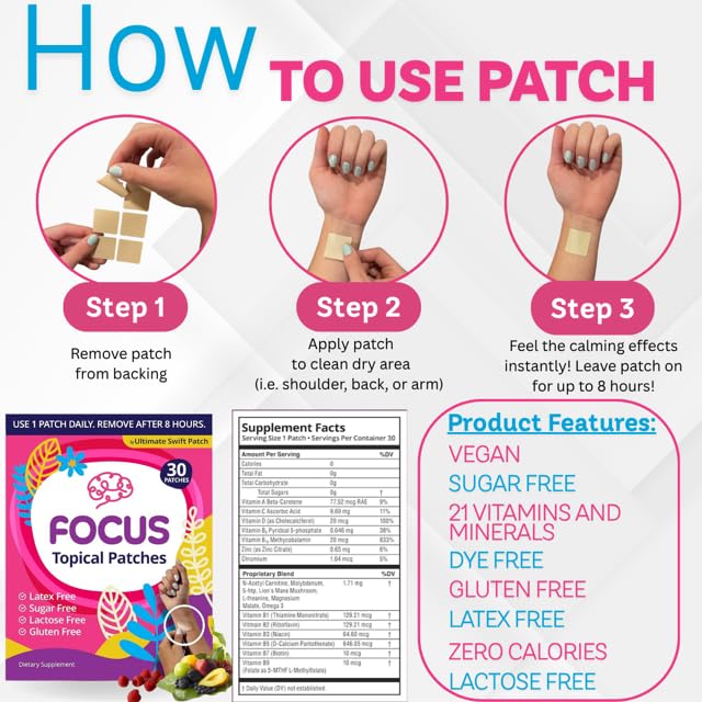Swift Patch Focus Patch for Adults (30 Day Supply) + Proprietary Blend (Men and Women) - Help Kids and Adults Focus with Patches 22 Ingredients with Proprietary Formula Ultimate Swift Patch buy supplements canada