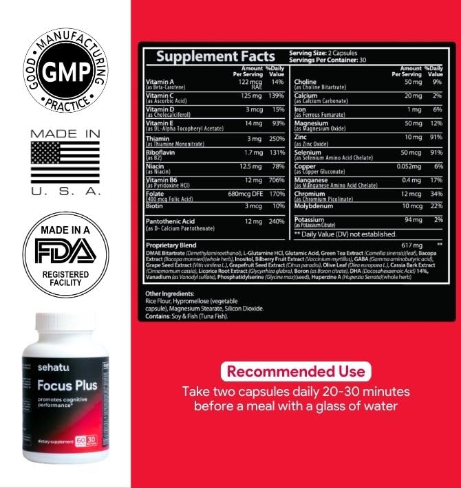 SEHATU Focus Plus Cognitive Performance Enhancer | with N-Acetyl L-Tyrosine, DMAE Bitartrate, GABA, Glutamic Acid | Boosts Focus, Enhances Memory, Supports Brain Health | 60 Count | 30 Day Supply SEHATU buy supplements canada