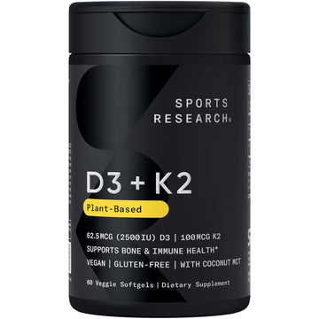 Sports Research® Vitamin D3 + K2 w/Coconut Oil - Vegan Vitamin D 2500iu (62.5mcg) & Mk7 Vitamin K 100mcg for Bone & Immune Support - Vegan Certified Sports Research buy supplements canada