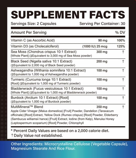 Trisundi Sea Moss Complex with Black Seed Oil, Ashwagandha & Burdock Root – All-in-One Herbal Supplement with Vitamins & Minerals – 60 Capsules Trisundi buy supplements canada