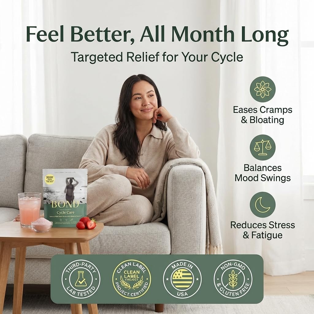 BOND Cycle Care – PMS Support Supplement & Hormone Balance for Women – Cortisol Reducer with Ashwagandha, L-Tryptophan, Magnesium, Turmeric Extract & Glutathione for Mood & Cycle Relief, 28 Servings BOND buy supplements canada